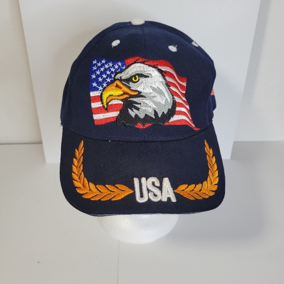 Mens Eagle American flag Navy Blue Baseball Cap Hook and Loop Adjustable Back - Picture 1 of 10